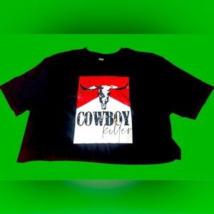 Woman’s Crop Top Anti Smoking Cowboy Killer TShirt Black & Red Large